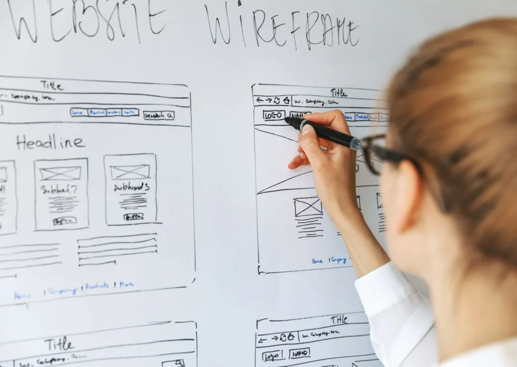 A whiteboard with a app design layout on it. Makeing sure all your links works are essential to any website.
