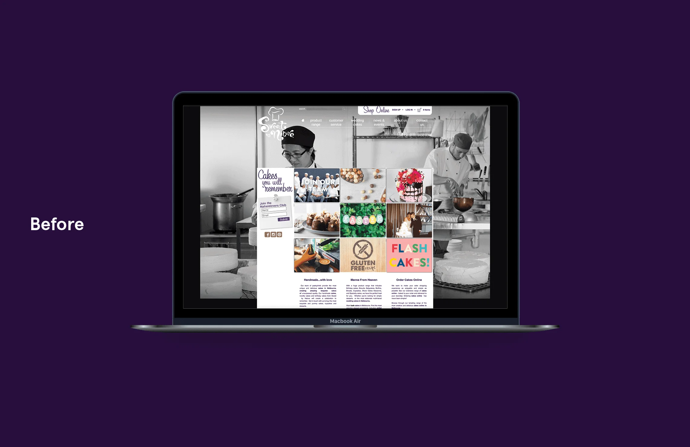 Sweet by Nature Website Before Comparison on Laptop