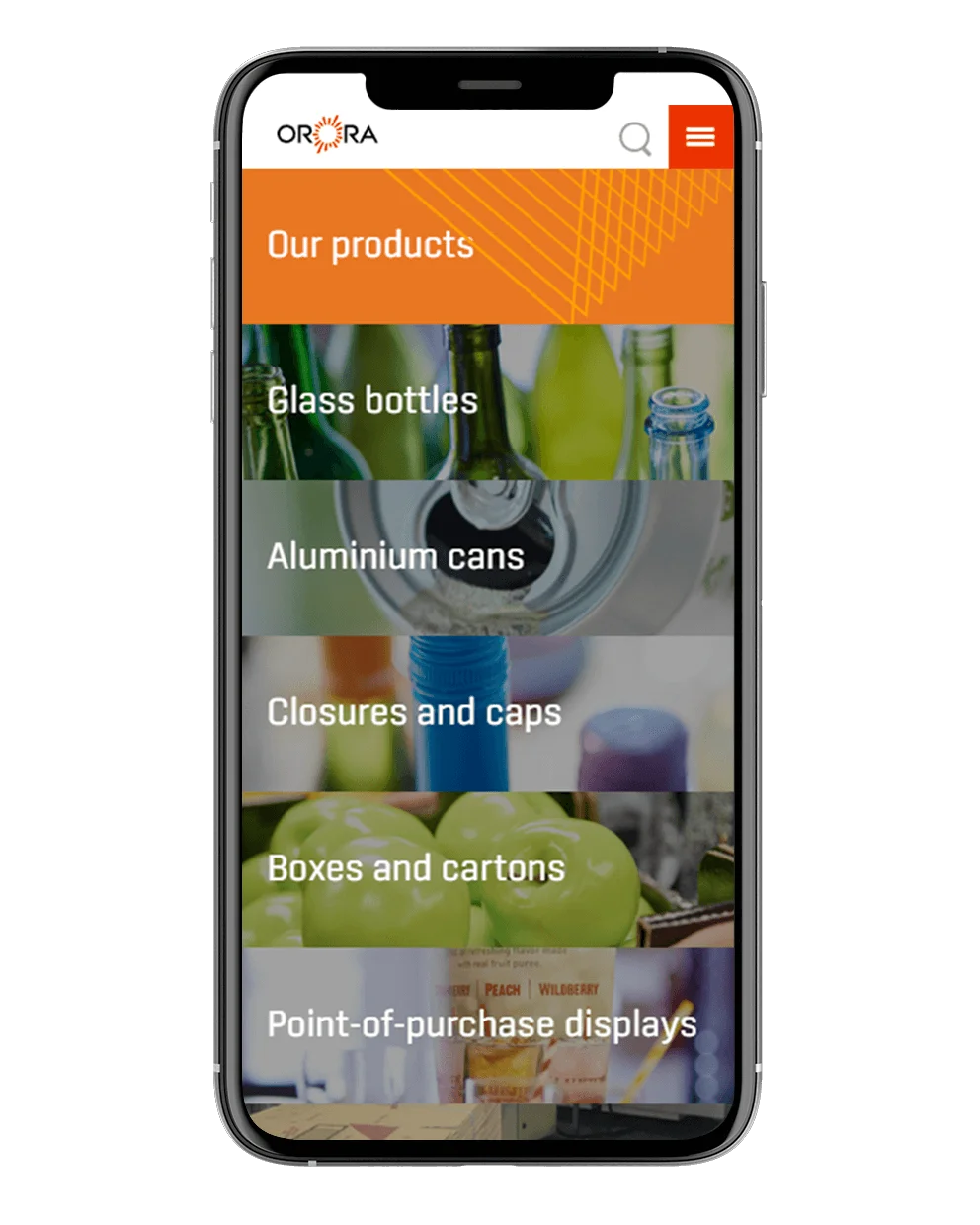 Orora Products Menu Mockup on Mobile Device